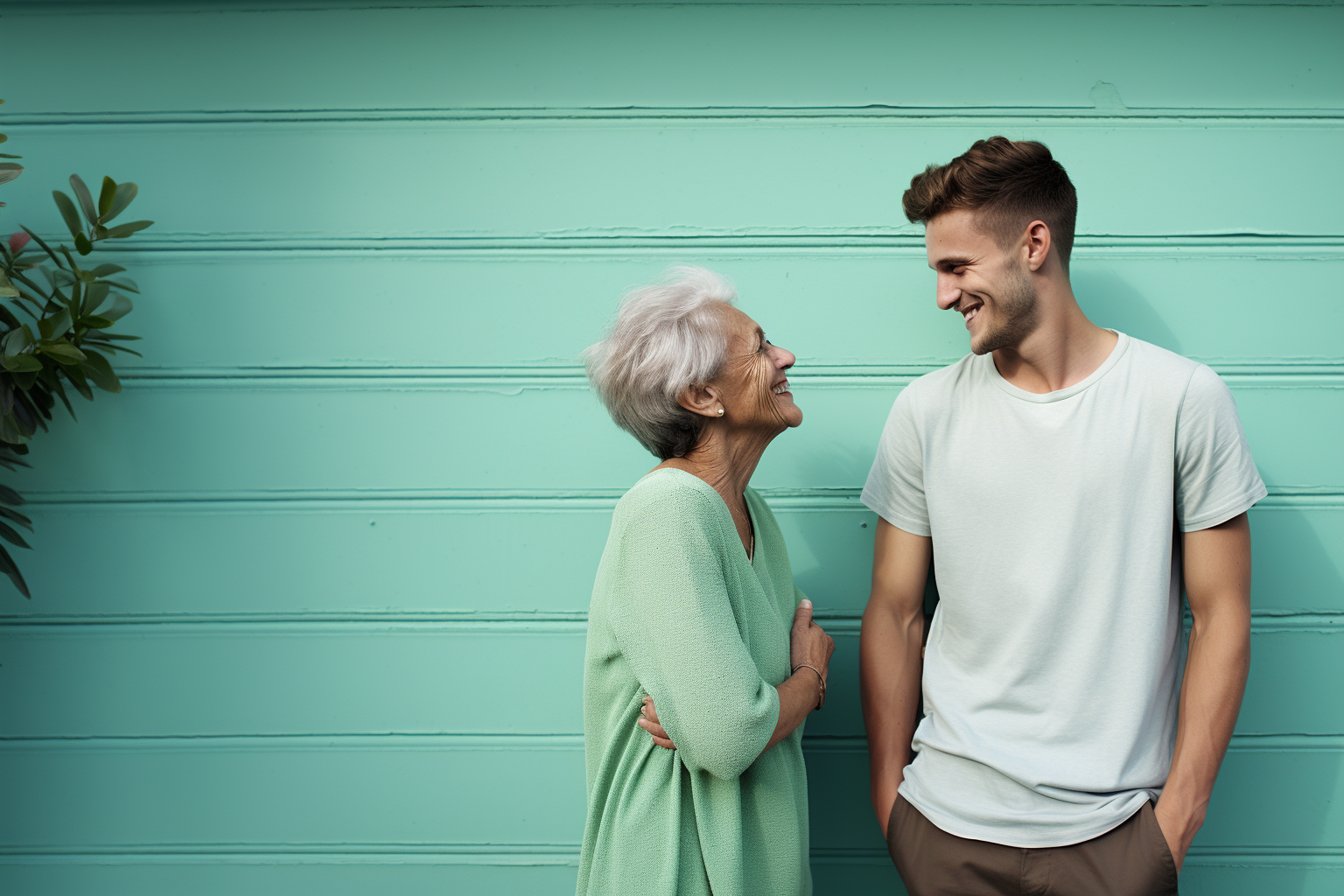 A young man standing outside in front of a pastel green wall looking at his mother and smiling