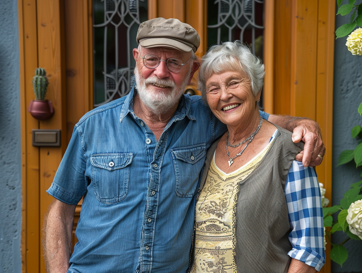 Happy senior couple ageing in place, reduced loneliness, isolation and depression. Smiling outside front door of house.