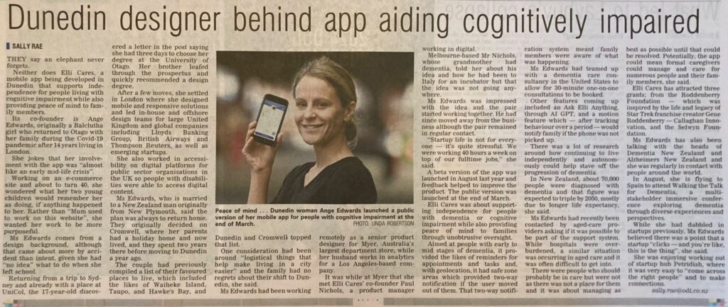 Newspaper article on the origin of Elli Cares, the best senior support app