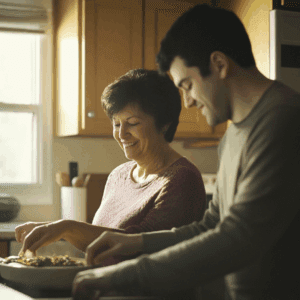 A mother and her son cooking dinner. What is frontotemporal dementia.