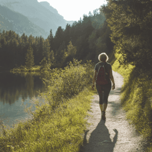 A 60 year old woman walking beside a lake. Early Cognitive Changes vs. Normal Aging: What's the difference
