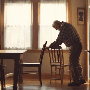 An older man, holding the back of a dining room chair. Is your loved one at risk of falling. How to spot instability