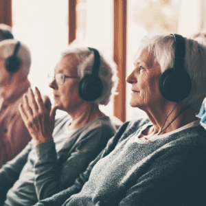 A group of seniors listening to headphones. What the Aging Population Means for the Tech Industry.