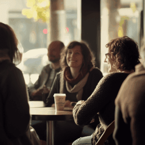 A support group meeting in a cafe. The importance of support groups for caregivers