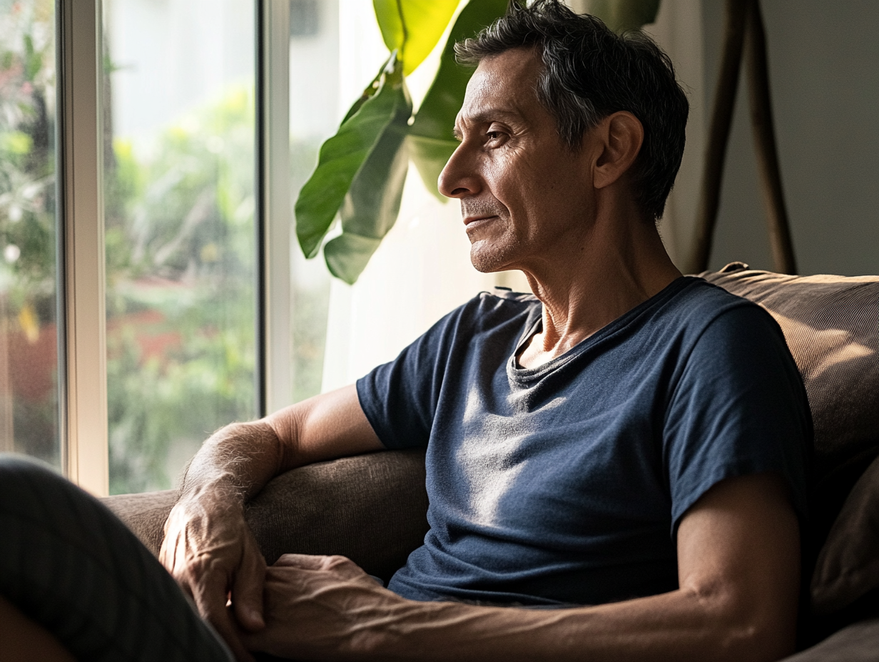 A thoughtful middle-aged man beside the window. Elli Cares, supporting seniors so they can continue to age safely at home