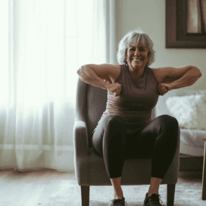 A 60 year old woman doing exercises on her chair. Simple home exercises that can boost brain health