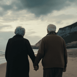 An older couple walking together along a beach. What is Lewy Body Dementia.