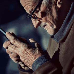 a 65 year old man closely inspecting his phone. The importance of universal design and accessibility in agetech.