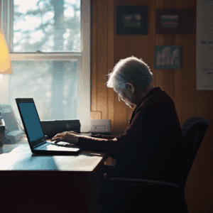 An older woman on a laptop. Tech frustration in older adults. How to simplify the digital world