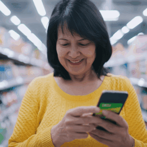 A woman in the supermarket, holding her mobile phone and smiling. The best dementia apps for 2025. Memory, safety and caregiver support