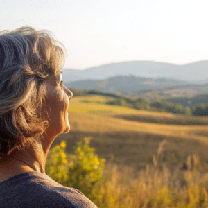 A woman overlooking a beautiful field and rolling hills. How to Support a Loved One With Dementia From Afar