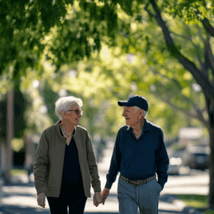 An older man and woman walking together along a street. How Men and Women Experience Dementia Differently.