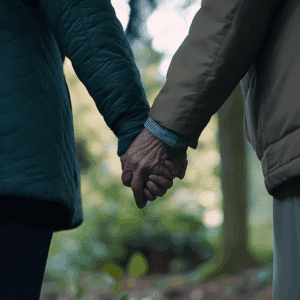 An older couple holding hands. How to support a spouse with dementia