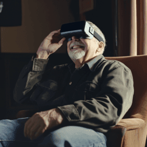 An older man sitting in a chair with a VR headset on, smiling. The importance of co-designing technology for older adults