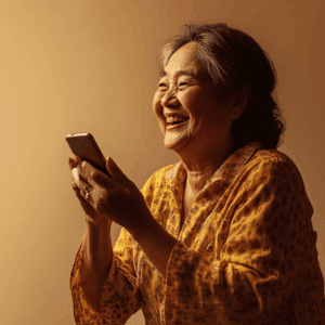 An older woman smiling and holding a mobile phone. Can an App Support People With Dementia?