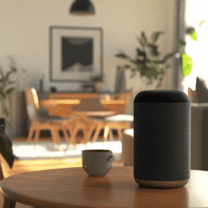 Smart speakers on a table. How smart speakers support mental ehalth in seniors.