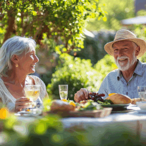 An older couple seated outside in the sunshine enjoying a healthy dinner.