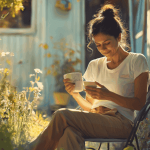 A dementia caregiver taking a mental health rest in a garden in the sunshine.