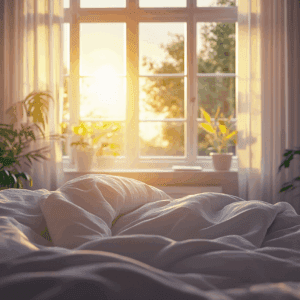 A disturbed bed of somebody with dementia by a window in the sunrise light.