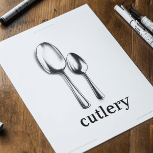 A dementia friendly sign for kitchen cutlery on a wooden table.