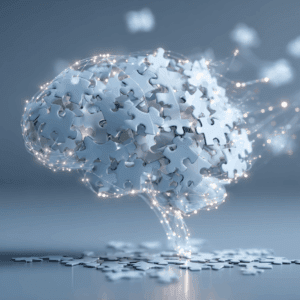 A futuristic digital artwork of jigsaw puzzle pieces forming the shape of a brain representing dementia tech innovation in a white colour scheme.