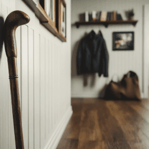 A walking stick to help with balance problems lying against a wall inside a wooden house.