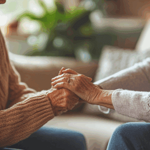 A mother affected by dementia personality changes and her daughter holding hands as they sit beside each other on a couch.