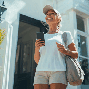 A young woman with early onset dementia holding a smartphone standing outside a house wearing sporting clothes.