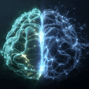 An artistic rendition of a brain showing a representation of early vs mid-stage dementia using blue and green electric threads.