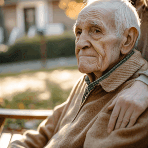 An elderly man with Parkinson's disease dementia sitting on a park bench with a caregiver nearby.