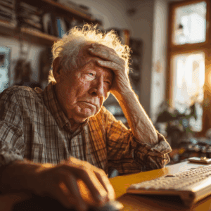 A senior man staring at a computer, feeling tired of technology fatigue.